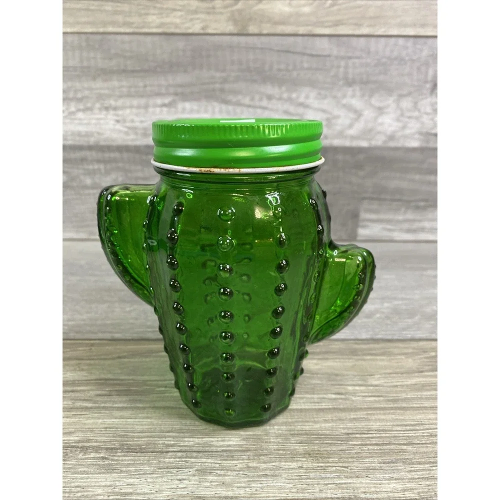 Green cactus-shaped glass mason jar with a lid No Straw 5.5